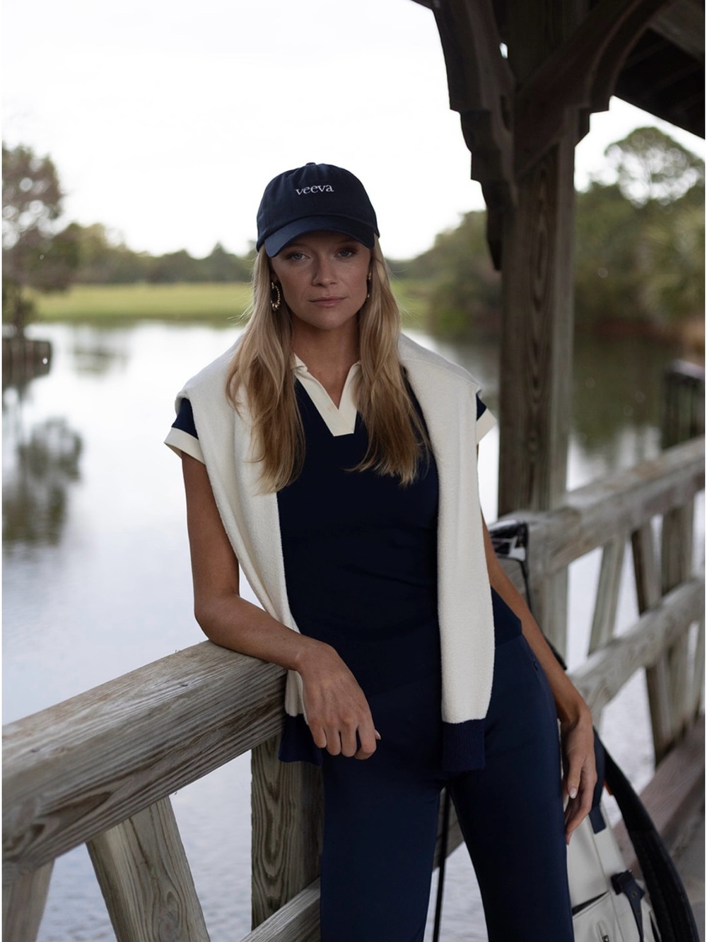 Navy V-Neck Contrast Trim Short Sleeve Golf / Activewear Top - Picture 6 of 6